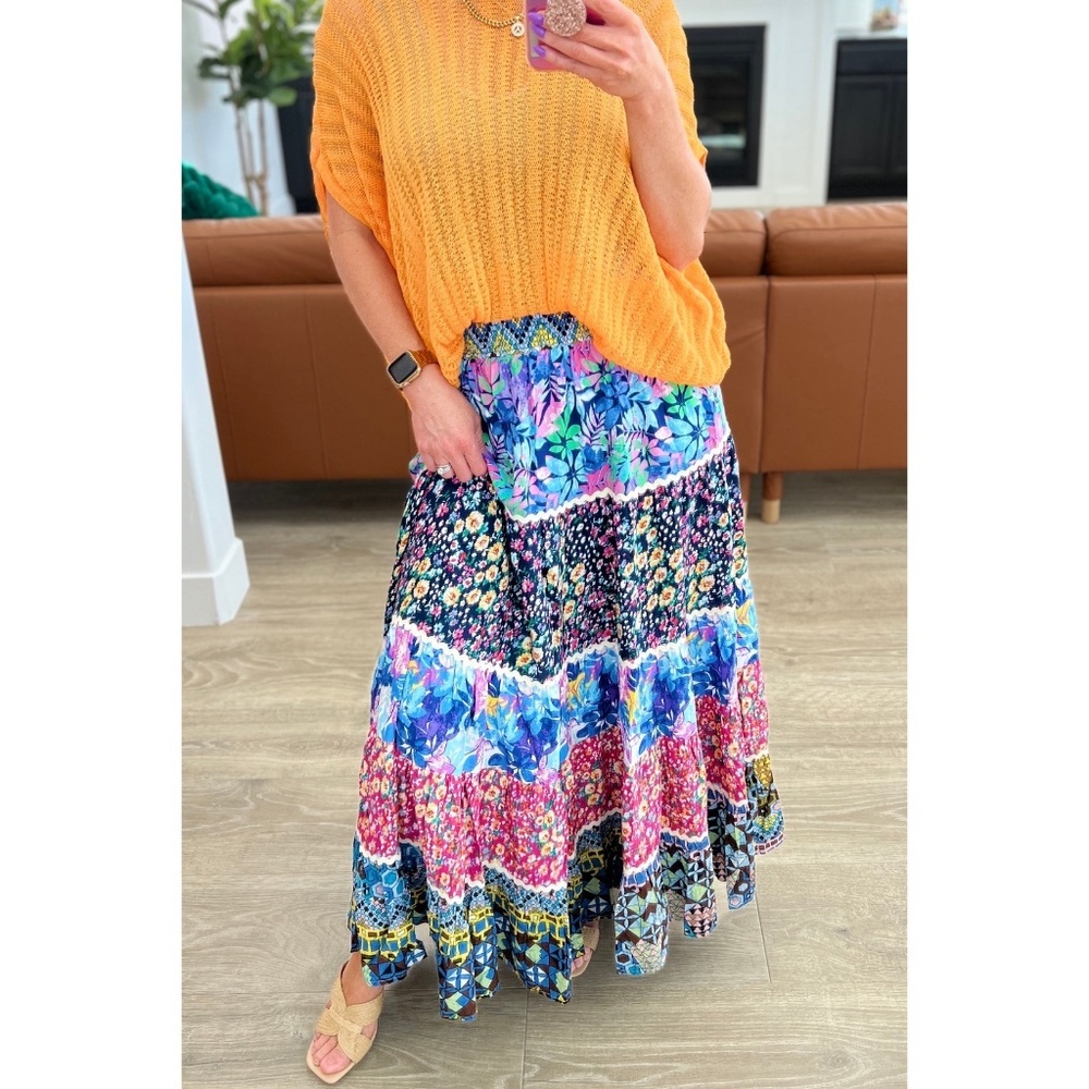 WHITE BIRCH Flower Patchwork Print Smocked Waist Tiered Maxi Skirt - Picture 7 of 10